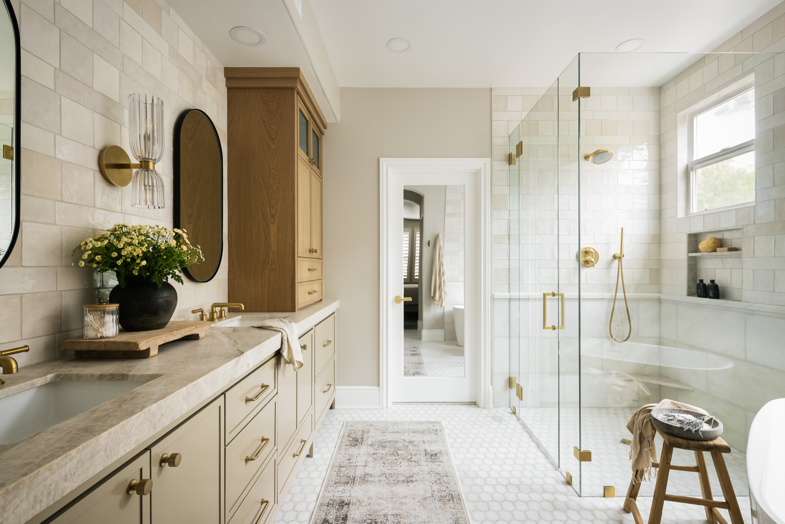 Warm, residential curbless walk-in shower